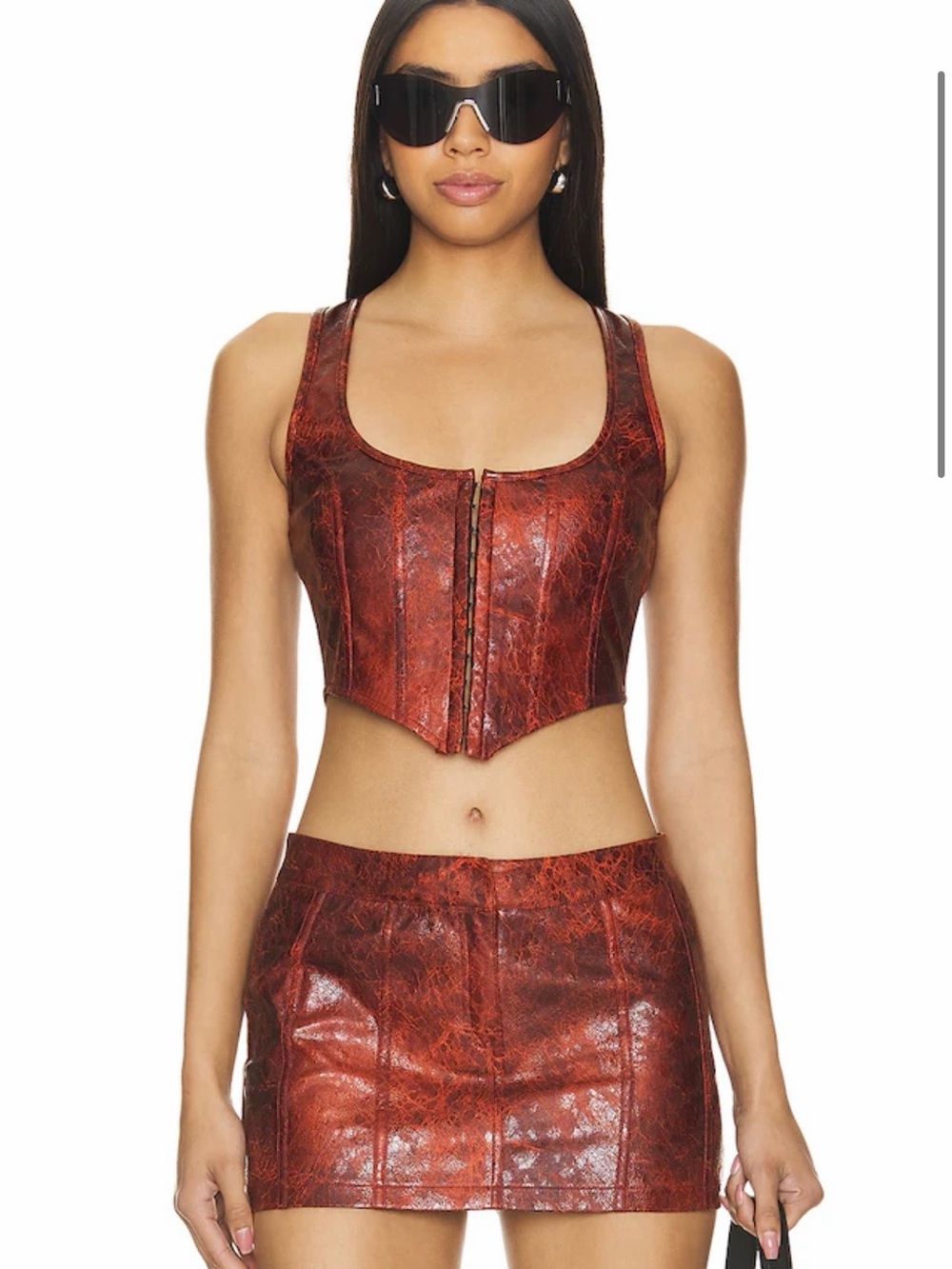 REVOLVE Brown-Red Faux Leather Cropped Corset Top